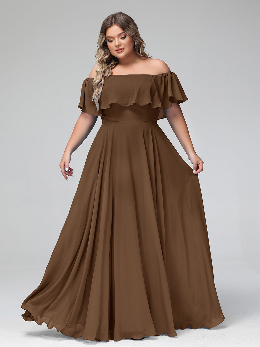 BABARONI Off the Shoulder Chiffon Full Length Dress-Brown, Brown / US0