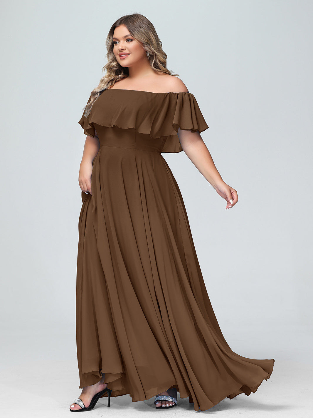 BABARONI Off the Shoulder Chiffon Full Length Dress-Brown, Brown / US0