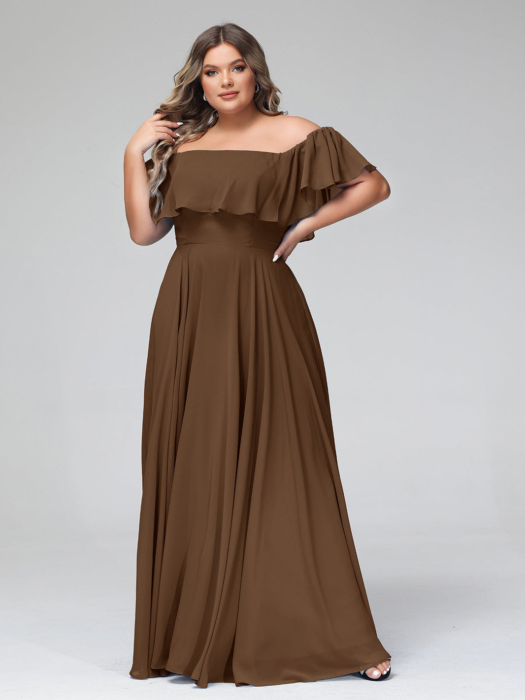 BABARONI Off the Shoulder Chiffon Full Length Dress-Brown, Brown / US0 BABARONI Off the Shoulder Chiffon Full Length Dress-Brown, Brown / US0