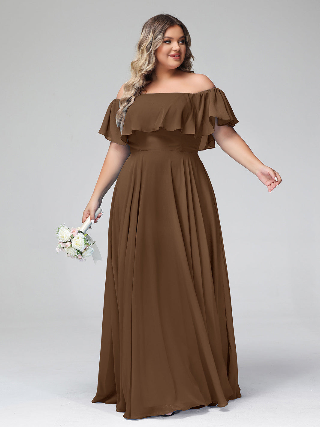 BABARONI Off the Shoulder Chiffon Full Length Dress-Brown, Brown / US0 BABARONI Off the Shoulder Chiffon Full Length Dress-Brown, Brown / US0