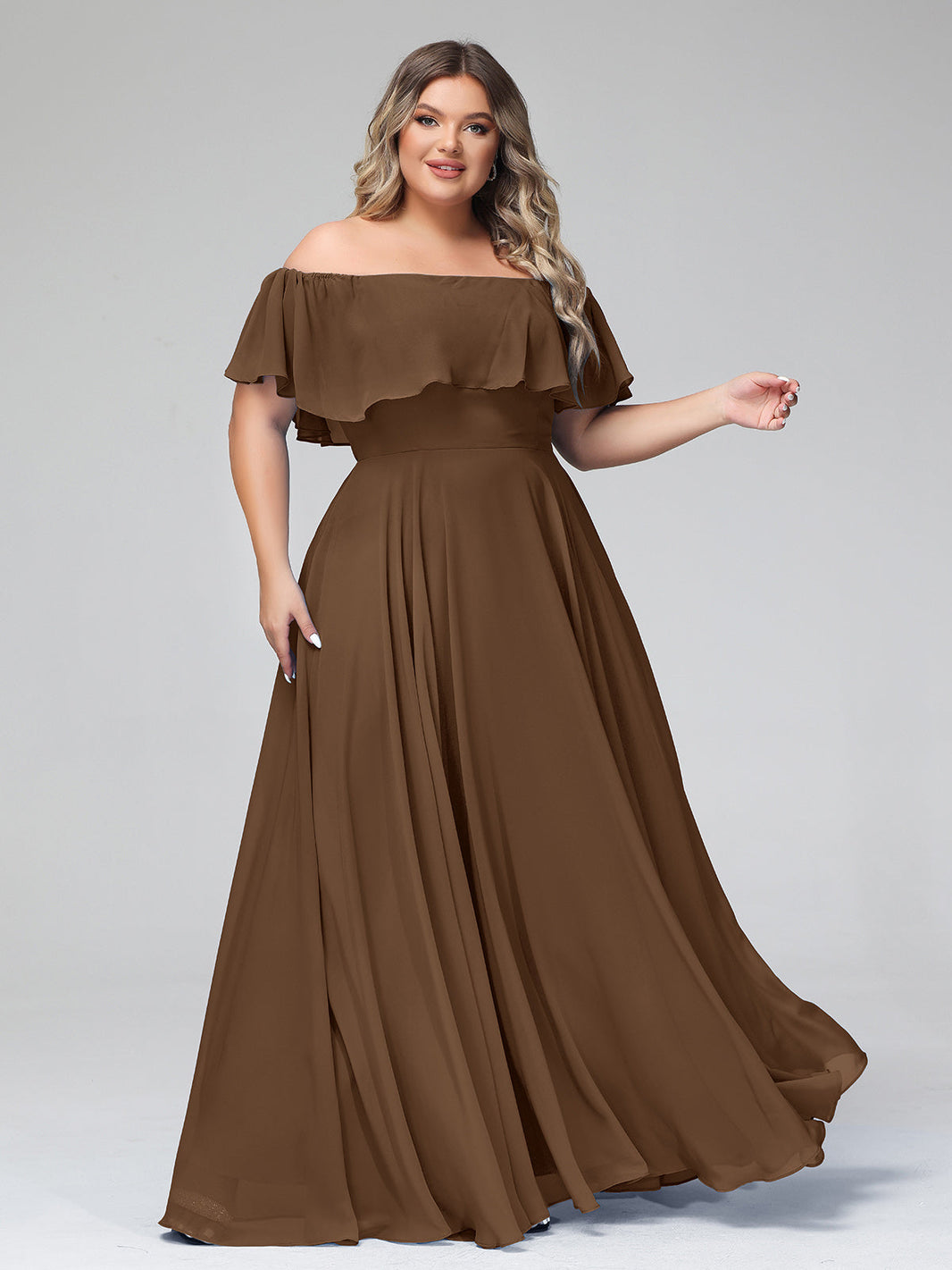BABARONI Off the Shoulder Chiffon Full Length Dress-Brown, Brown / US0 BABARONI Off the Shoulder Chiffon Full Length Dress-Brown, Brown / US0