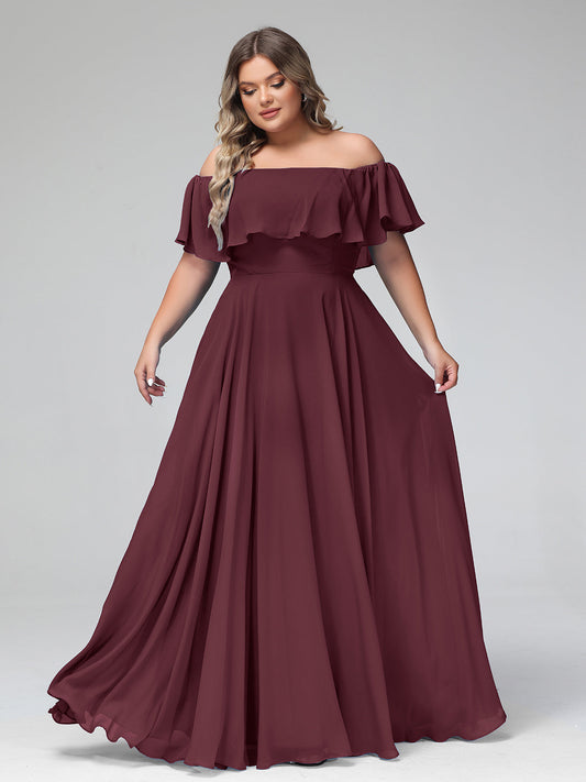 Off The Shoulder Chiffon Dresses with Spaghetti Straps Cabernet Plus Size