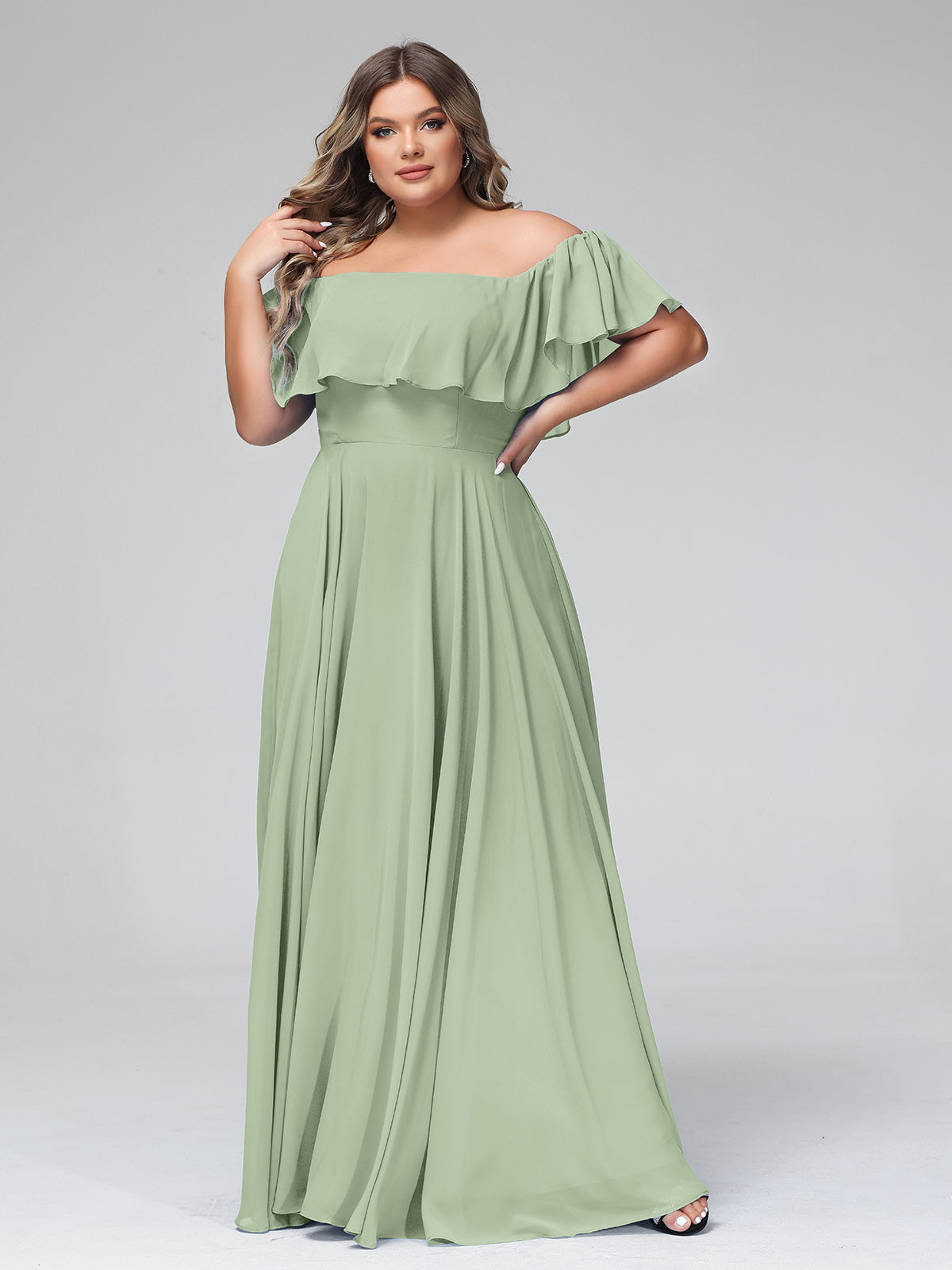 Lace and Chiffon Full Length Dress with V-neck Dusty Sage Plus Size