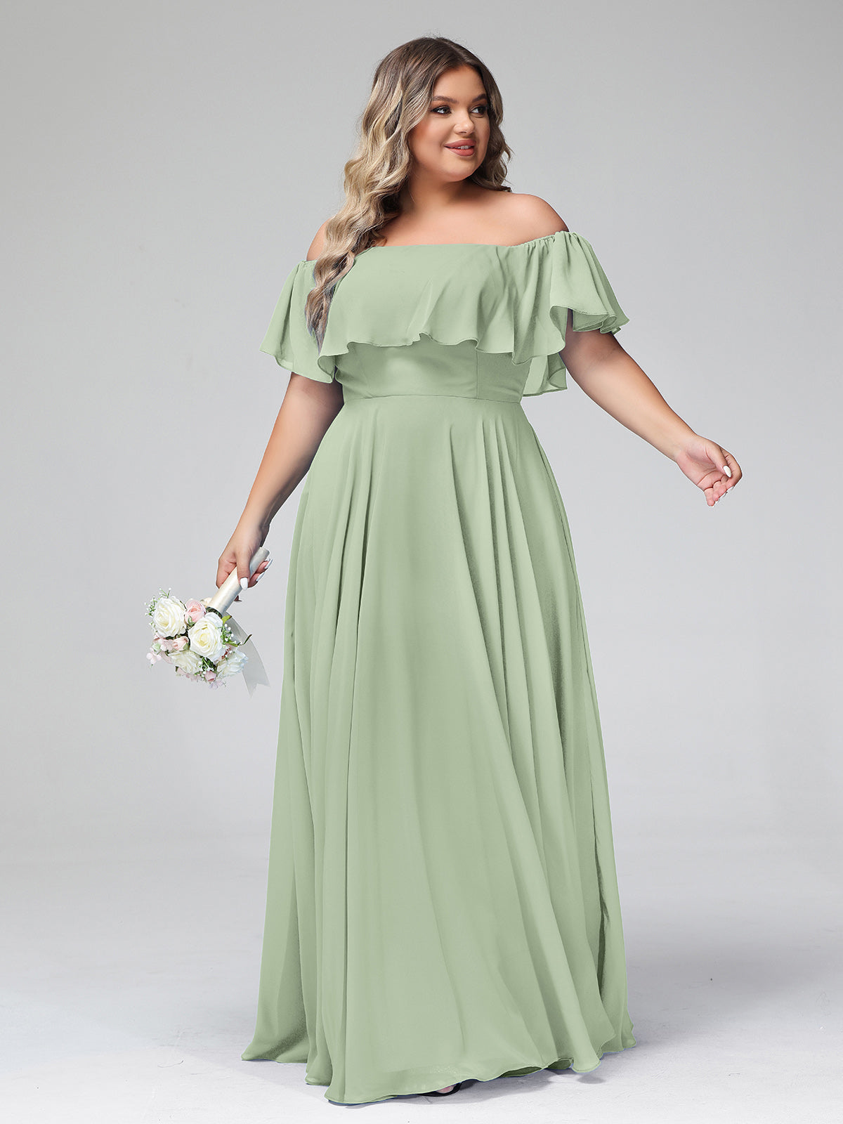 Dusty Sage A-Line Off the Shoulder Chiffon Dress main image 1