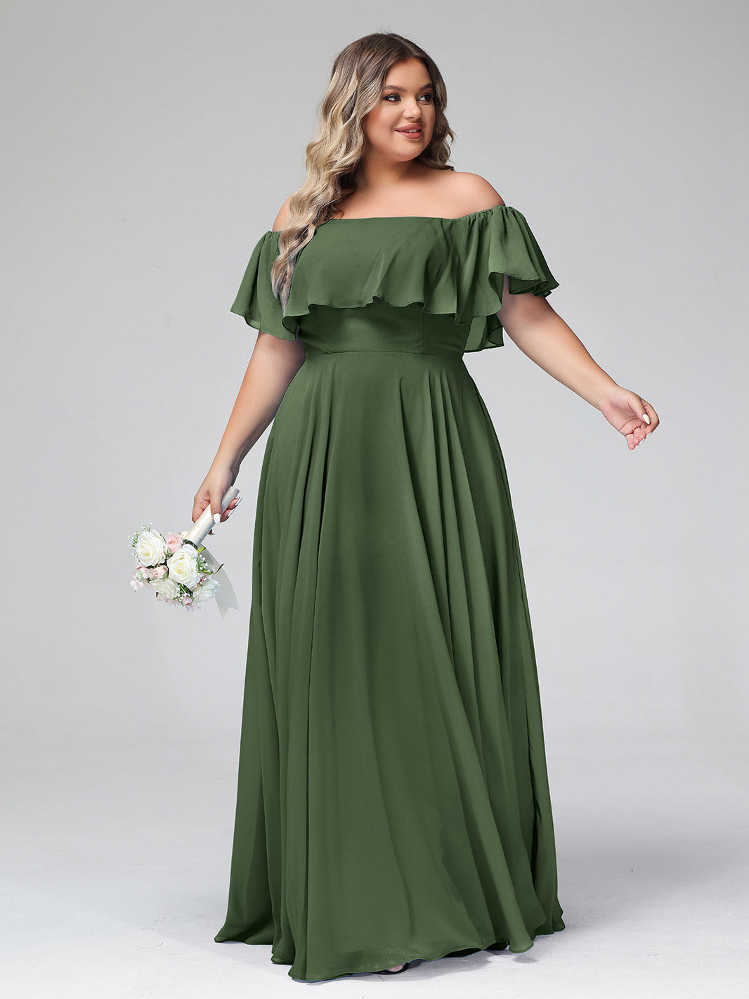 BABARONI Off the Shoulder Chiffon Full Length Dress-Olive Green, Olive Green / US0 BABARONI Off the Shoulder Chiffon Full Length Dress-Olive Green, Olive Green / US0