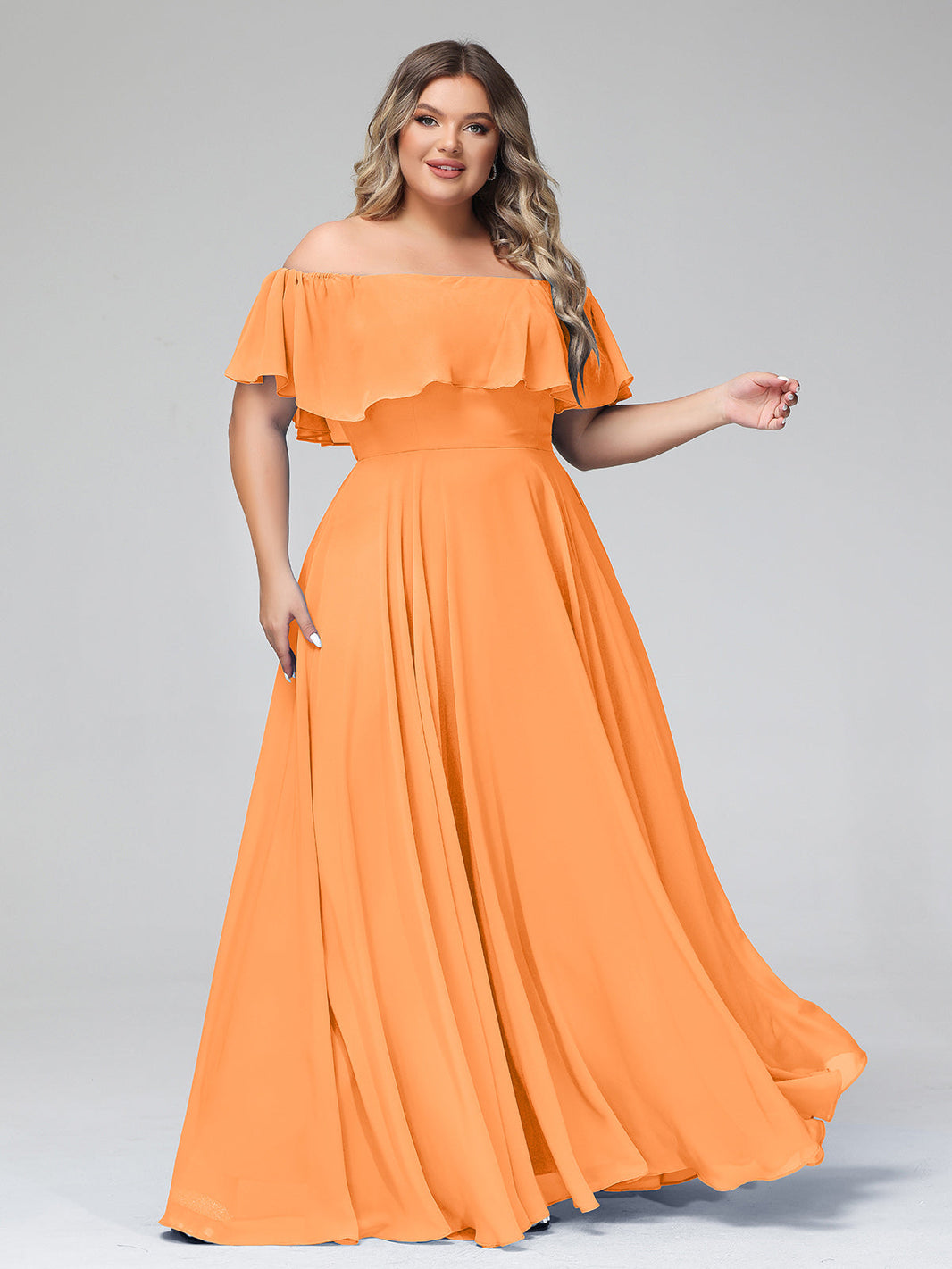 BABARONI Off The Shoulder Chiffon Full Length Dress-Orange, Orange / US0