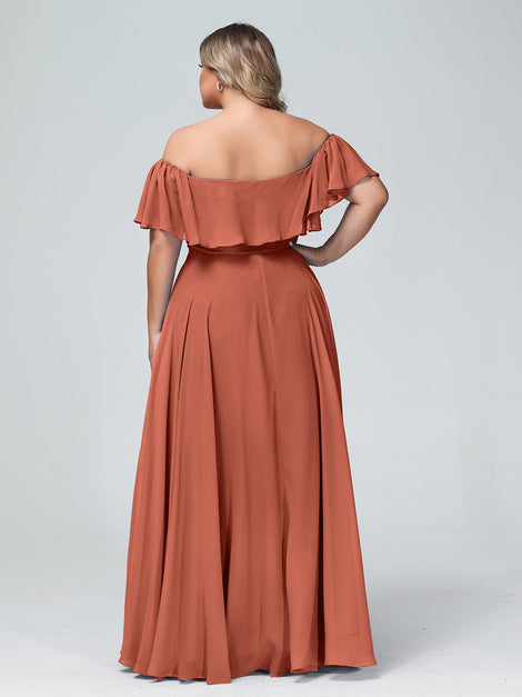 Off the Shoulder Chiffon Full Length Dress-Rust-Hazel | BABARONI