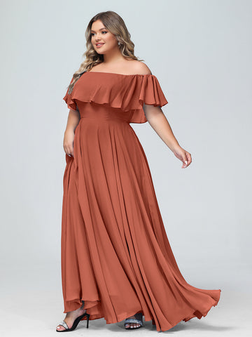 Floor-length Off Shoulder Chiffon Gown Rust