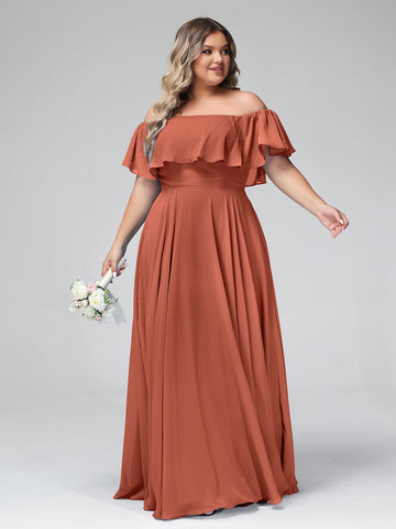 A-Line Off the Shoulder Chiffon Floor-Length Dress Rust