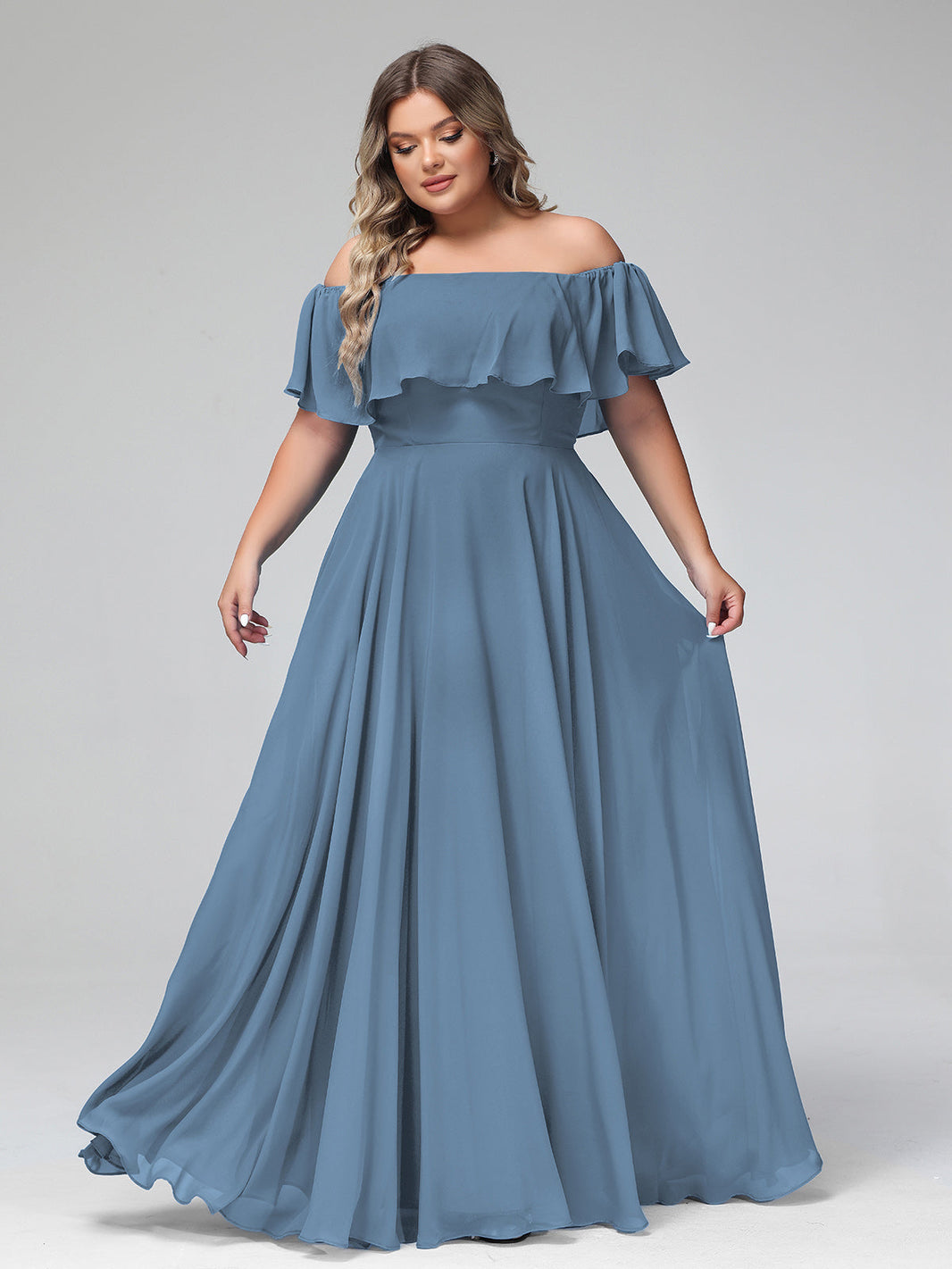 BABARONI Off the Shoulder Chiffon Full Length Dress-Slate Blue, Slate Blue / US0