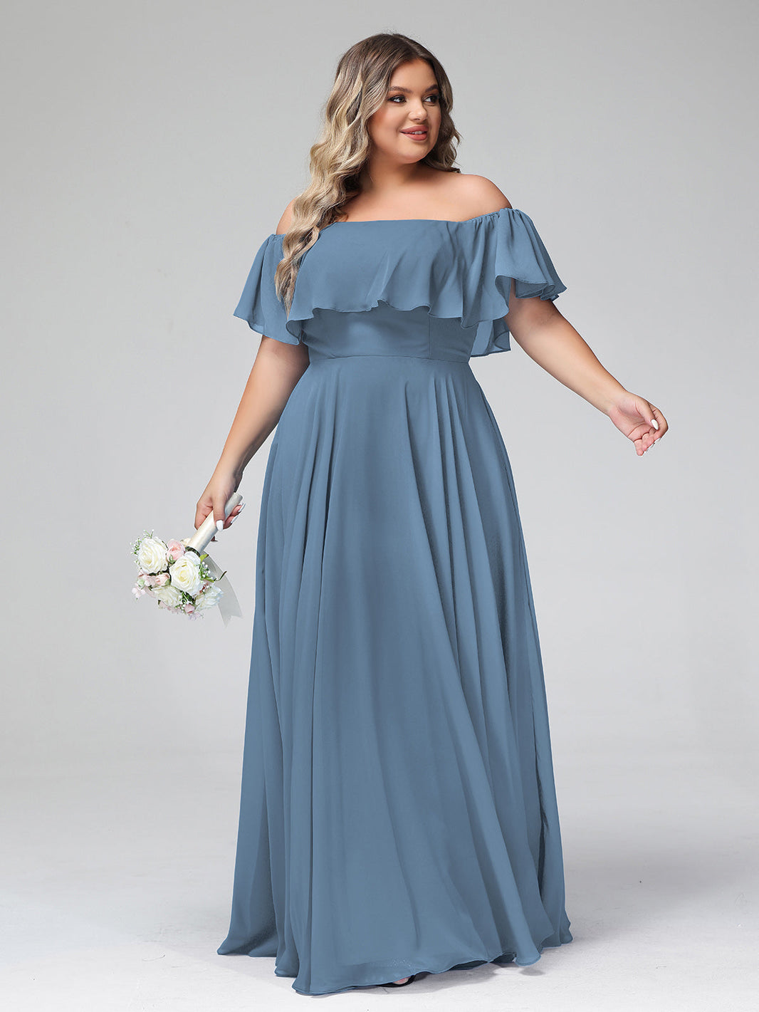 BABARONI Chiffon Slate Blue Bridesmaid Dresses Off-the-shoulder  Floor-length Short Pleated A-line