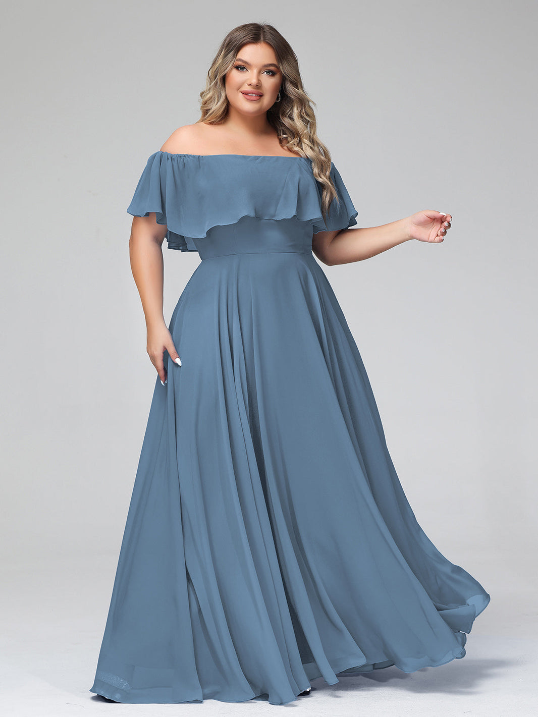 BABARONI Chiffon Slate Blue Bridesmaid Dresses Off-the-shoulder  Floor-length Short Pleated A-line