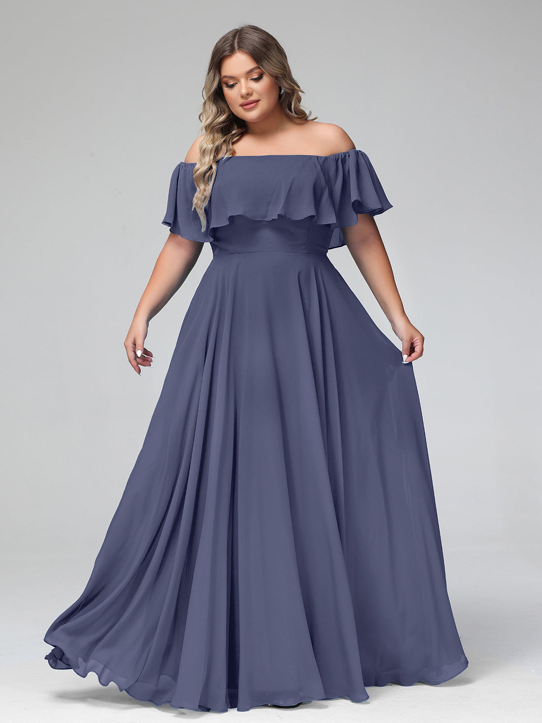 BABARONI Chiffon Stormy Bridesmaid Dresses Off-the-shoulder Floor-length Short Pleated A-line, Stormy / US0