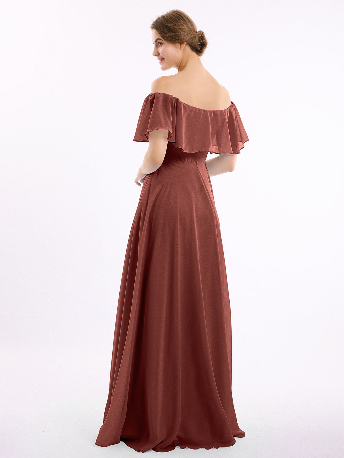 terracotta formal dress Off-the-Shoulder Chiffon A-Line Maxi Bridesmaid in This KissProm A Terracotta Bridesmaid Dresses DUNTERY