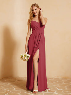 Sweetheart Pleated Long Dress With Slit Burgundy