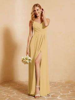 Sweetheart Pleated Long Dress With Slit Gold