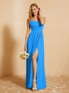 Sweetheart Pleated Long Dress With Slit Ocean Blue