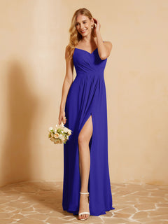 Sweetheart Pleated Long Dress With Slit Royal Blue