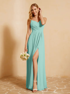 Sweetheart Pleated Long Dress With Slit Turquoise