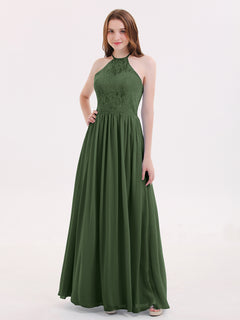 Chiffon Maxi Halter Dress with Lace Bodice-Olive Green