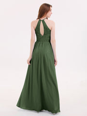Chiffon Maxi Halter Dress with Lace Bodice-Olive Green