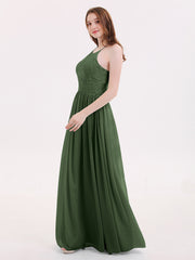 Chiffon Maxi Halter Dress with Lace Bodice-Olive Green