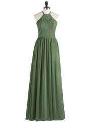 Chiffon Maxi Halter Dress with Lace Bodice-Olive Green
