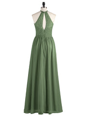 Chiffon Maxi Halter Dress with Lace Bodice-Olive Green
