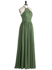Chiffon Maxi Halter Dress with Lace Bodice-Olive Green Plus Size