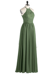 Chiffon Maxi Halter Dress with Lace Bodice-Olive Green