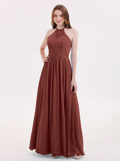 Chiffon Maxi Halter Dress with Lace Bodice-Terracotta