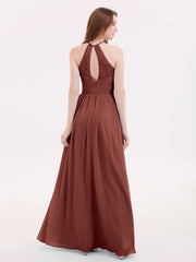 Chiffon Maxi Halter Dress with Lace Bodice-Terracotta