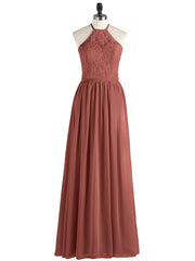 Chiffon Maxi Halter Dress with Lace Bodice-Terracotta