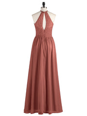 Chiffon Maxi Halter Dress with Lace Bodice-Terracotta Plus Size