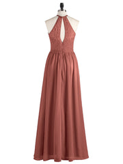 Chiffon Maxi Halter Dress with Lace Bodice-Terracotta