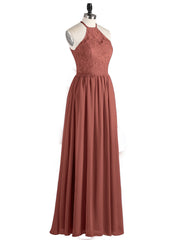 Chiffon Maxi Halter Dress with Lace Bodice-Terracotta