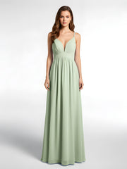 Deep V-neck Empire Waist Chiffon Long Dress-Dusty Sage