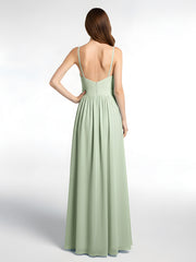 Deep V-neck Empire Waist Chiffon Long Dress-Dusty Sage