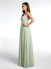 Deep V-neck Empire Waist Chiffon Long Dress-Dusty Sage