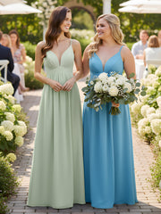 Deep V-neck Empire Waist Chiffon Long Dress-Dusty Sage