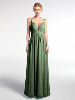 Deep V-neck Empire Waist Chiffon Long Dress-Olive Green