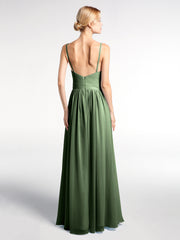 Deep V-neck Empire Waist Chiffon Long Dress-Olive Green Plus Size