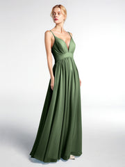 Deep V-neck Empire Waist Chiffon Long Dress-Olive Green