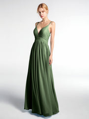 Deep V-neck Empire Waist Chiffon Long Dress-Olive Green Plus Size