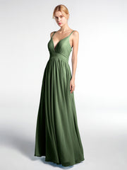 Deep V-neck Empire Waist Chiffon Long Dress-Olive Green