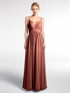 Deep V-neck Empire Waist Chiffon Long Dress-Terracotta