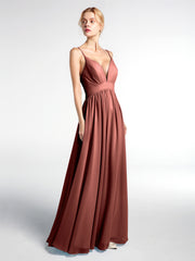 Deep V-neck Empire Waist Chiffon Long Dress-Terracotta
