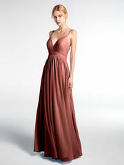 Deep V-neck Empire Waist Chiffon Long Dress-Terracotta