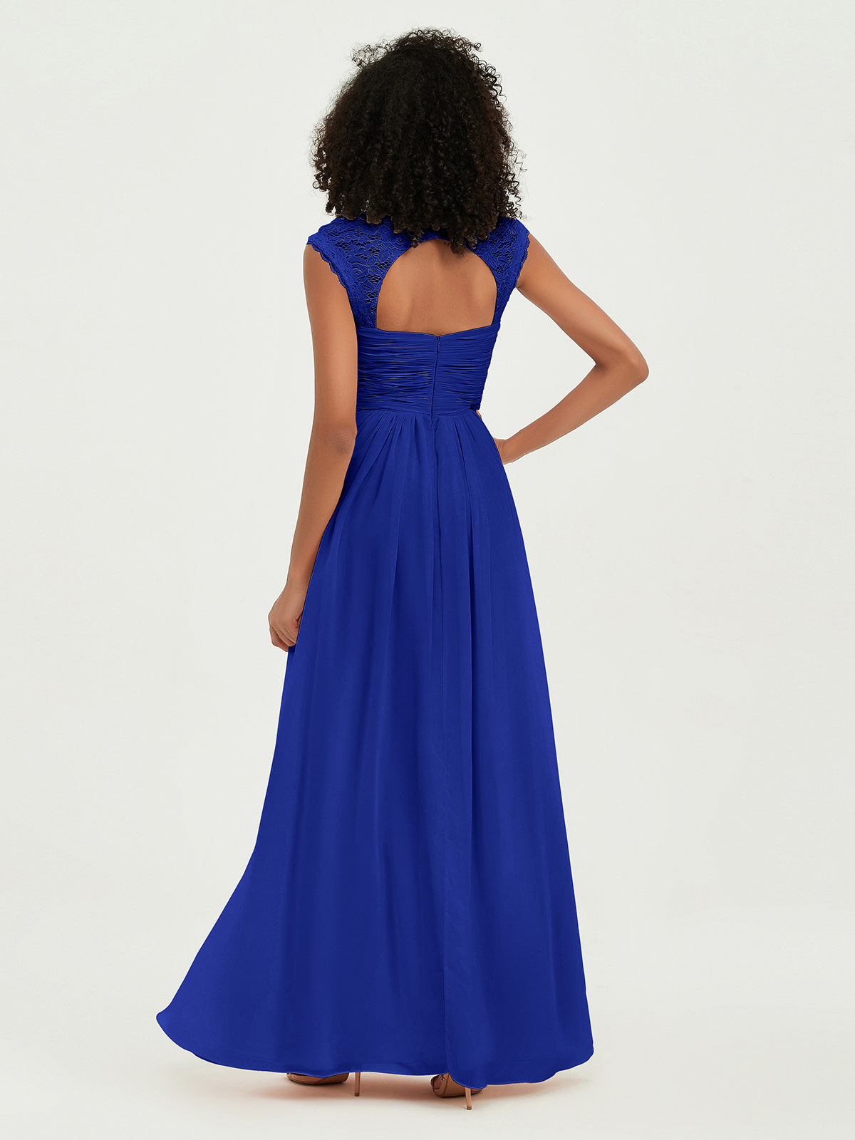 Sweetheart Chiffon Dresses with Lace Cap Sleeves Royal Blue
