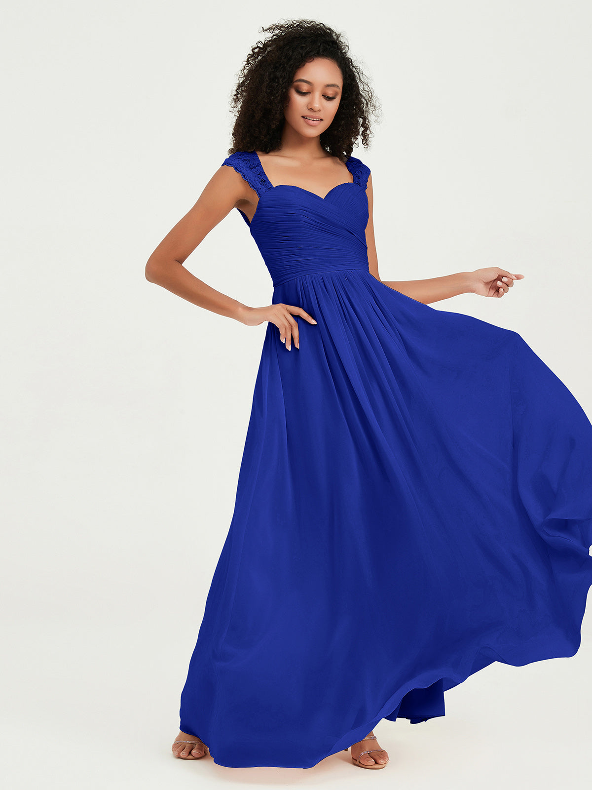 Sweetheart Chiffon Dresses with Lace Cap Sleeves Royal Blue